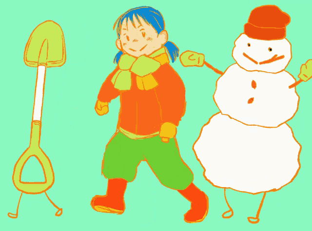a cartoon of a girl and a snowman holding hands