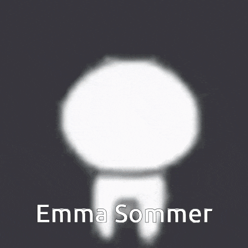 a white cartoon character with big black eyes and the name emma sommer written on it .
