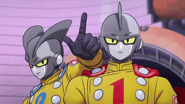 a couple of cartoon characters with the number 1 on their shirts