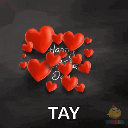 a happy valentine 's day card with red hearts and the name tay