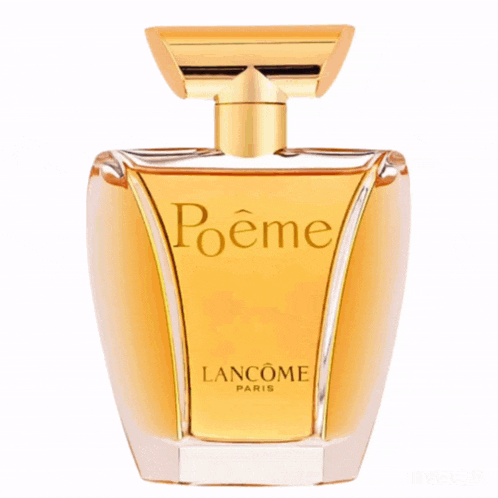 a bottle of lancome poeme perfume on a white background .