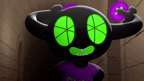 a cartoon character with green eyes and a purple shirt that says crack