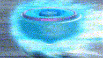 a close up of a blue spinning top with a purple ring on it .