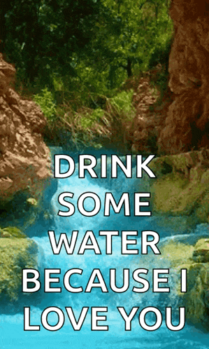 a poster that says drink some water because i love you with a waterfall in the background