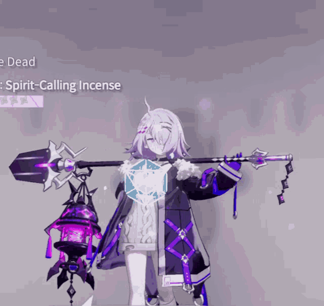 a video game character is holding a purple lantern and a sword with the words spirit-calling incense on the bottom