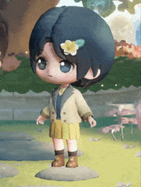 a cartoon girl with a flower in her hair is standing on a rock