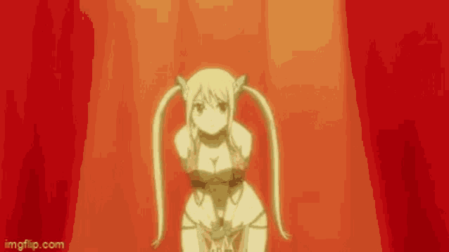 a girl with pigtails is standing in front of a red background .