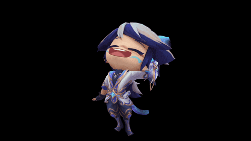 a cartoon character with blue and white hair is laughing with his mouth open