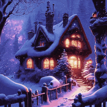 a painting of a house covered in snow with christmas lights on