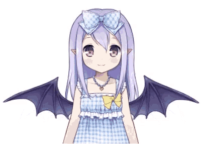 a girl with purple hair and bat wings is wearing a blue checkered dress .