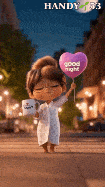 a cartoon girl is holding a heart shaped balloon and a mug that says good night