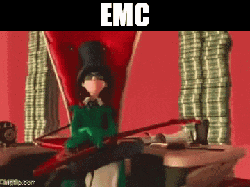 a cartoon character is sitting in a chair with the word emc written on the bottom