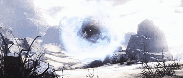 a computer generated image of a snowy landscape with a blue circle in the middle