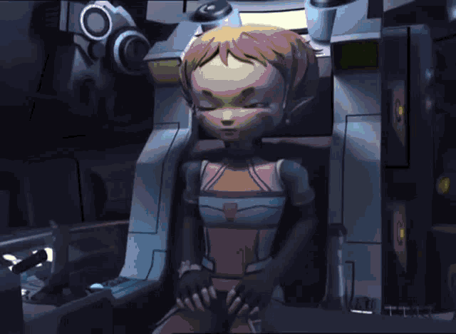 a cartoon character with her eyes closed is sitting in a chair