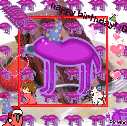 a happy birthday greeting card with purple jellyfish and a cat