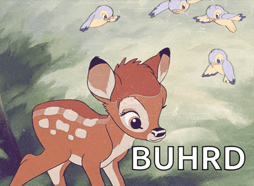 a cartoon of a deer with the word buhrd on the bottom right
