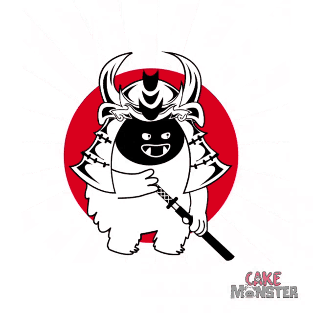 a cartoon drawing of a samurai holding a sword with the words cake monster on the bottom