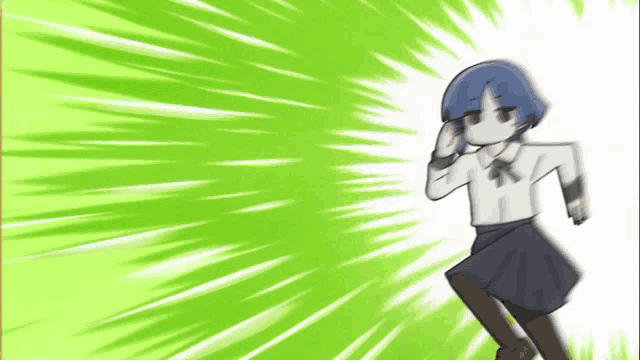 a girl with blue hair is standing in front of a green light