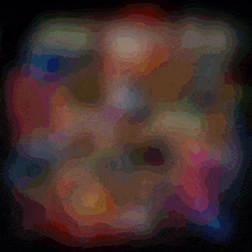 a colorful painting with a black background and a few spots of light