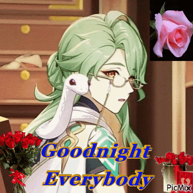 a girl with green hair and glasses is holding a snake on her shoulder and the words goodnight everybody are above her