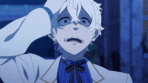 a man with white hair and a blue shirt is making a funny face