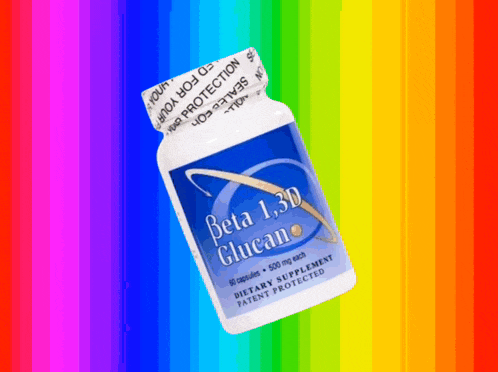 a bottle of beta 1,3d glucan is against a rainbow background