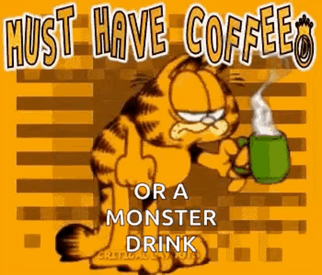 garfield is holding a cup of coffee in his hand .