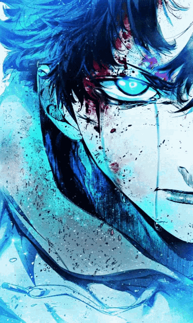 a close up of a person 's face with blue hair