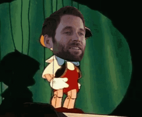 a cartoon of a man with a beard playing pinocchio .