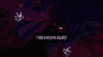 a purple and red background with the words `` i hate everyone equally ''