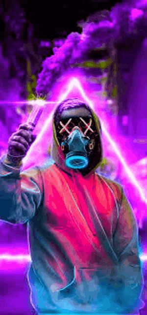 a man wearing a gas mask is holding a purple smoke bomb in his hand .