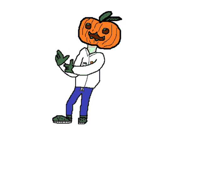a cartoon character with a pumpkin on his head