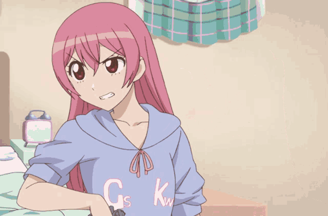 a girl with pink hair is holding a gun and wearing a shirt that says gskw