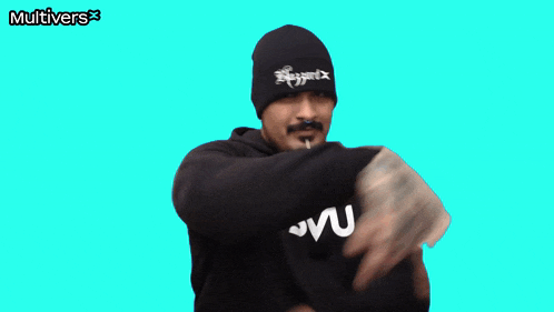 a man wearing a black hoodie with the word multivers on the bottom right