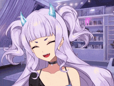 a girl with purple hair and horns is smiling in a room