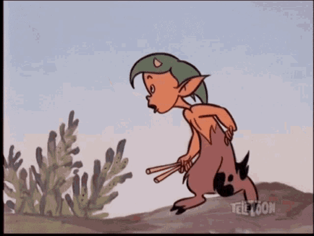 a cartoon of a satyr with a teletoon logo on the bottom