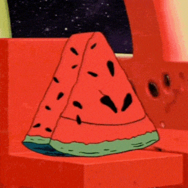 a cartoon watermelon with a face is sitting on a red chair