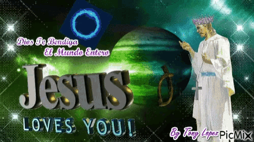 a picture of jesus with the words jesus loves you at the bottom