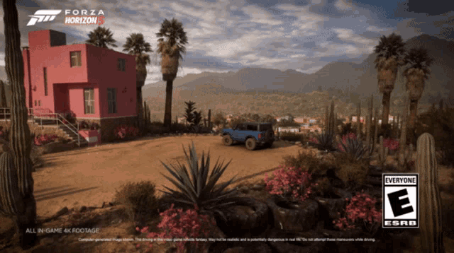 an advertisement for forza horizon 5 shows a house and a car