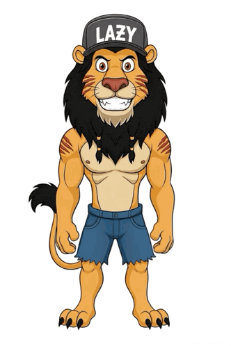 a cartoon lion wearing a lazy hat and shorts