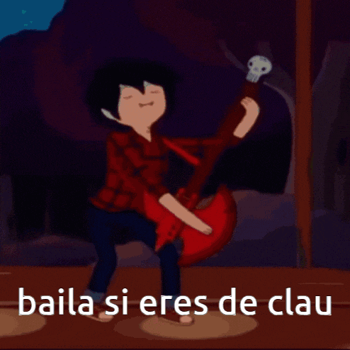 a cartoon of a man playing a guitar with the words baila si eres de clau above him