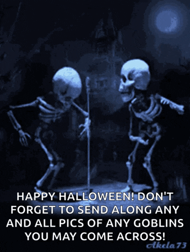 two skeletons dancing in front of a microphone with a message that says " happy halloween "
