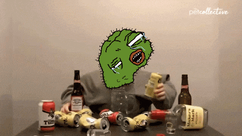 a cartoon of a man sitting at a table with a bottle of kentucky straight bourbon whiskey in front of him