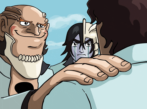 a cartoon drawing of a man holding another man 's shoulder