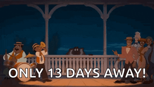 a cartoon of a crocodile playing a trumpet with the words only 13 days away below it .