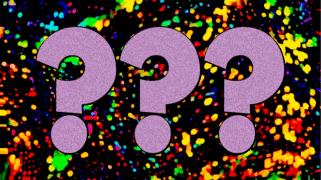 three purple question marks on a black background with colorful spots