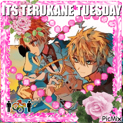 a picture of two anime characters with flowers and the words `` it 's terukane tuesday '' .