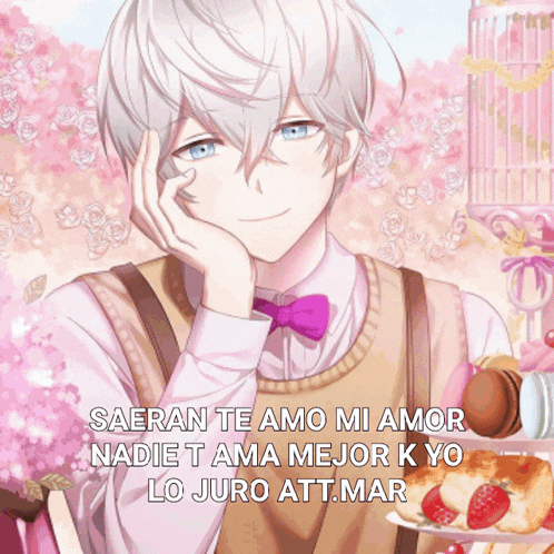 a picture of a boy with the words saeran te amo mi amor written on it