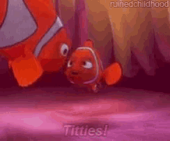 a clown fish is saying titties in a cartoon scene