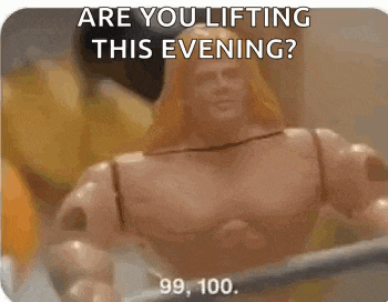 a toy man is lifting a barbell with the words `` are you lifting this evening ? 99 , 100 . '' .